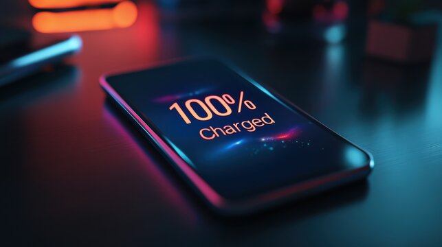 A close-up of a sleek smartphone glowing with a vibrant "100 Charged" notification on its screen, symbolizing efficiency.