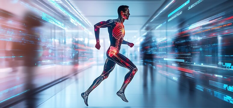A digital depiction of a running human figure showcasing anatomical features.