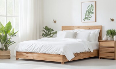 Modern bedroom with a wooden bed, plants, and natural light.