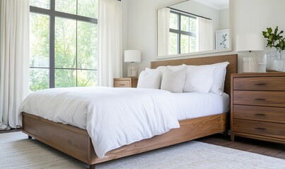Modern bedroom with natural light, minimalist design, and wooden furniture.
