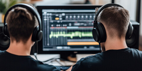 Two sound engineers mixing a track on professional audio editing software