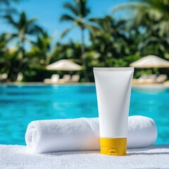 Fototapeta premium Relaxing Summer Scene Featuring a Tube of Sunscreen Resting on a Crisp White Towel Evoking a Sense of Leisure and Sunlit Outdoor Enjoyment