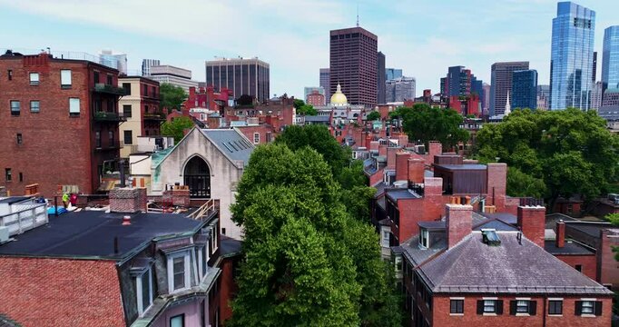 Drone Flying Over Chestnut Street in Beacon Hill, Boston
