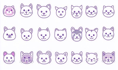 Twenty-four cute cartoon cat faces in purple.