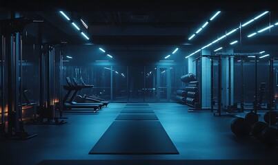 A dimly lit gym with exercise equipment and yoga mats for fitness activities.