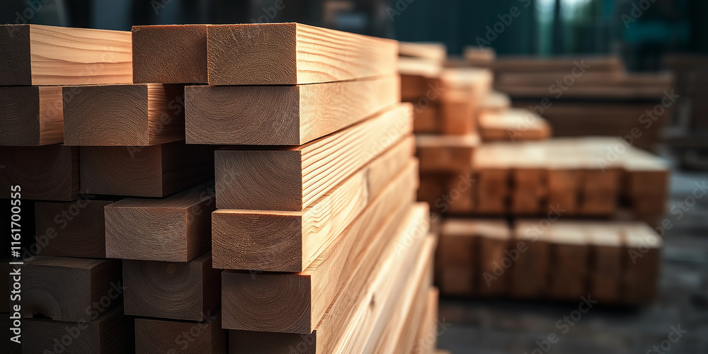 Poster stack of wood planks forming a geometric pattern in a timber warehouse