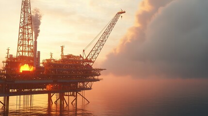 Obraz premium Oil drilling rig in the middle of the sea, panoramic view.