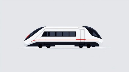 Futuristic Electric Train with Sleek White and Red Design Gliding Through a Scenic Urban Landscape Under Clear Blue Sky Evoking Innovation and Travel
