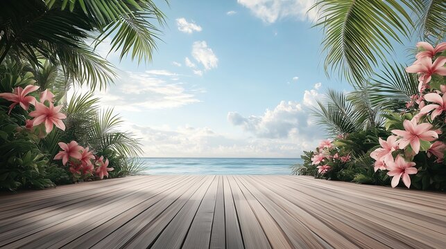 A beach scene with a wooden boardwalk and a view of the ocean