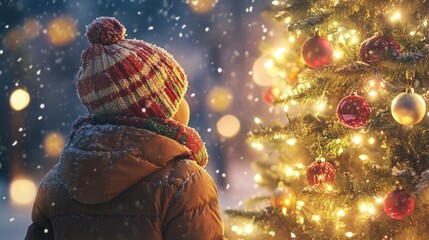 Сhild dressed in warm winter clothing, including a puffy jacket, scarf, and knit hat, standing in front of a beautifully decorated Christmas tree.