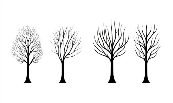 Four bare, leafless trees in winter, silhouettes.