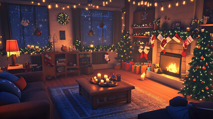 A cozy living room with holiday decorations, including garlands, stockings, and glowing candles, creating a warm ambiance 