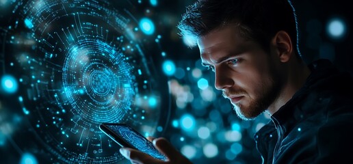 A focused man interacts with a smartphone amidst a digital interface.
