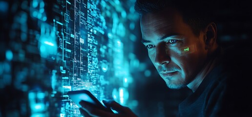 A focused individual interacting with a smartphone against a digital backdrop.