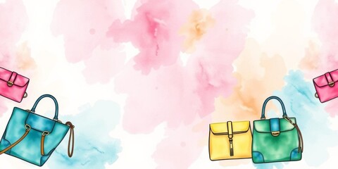 Watercolor background featuring designer bags with copy space, perfect for fashion or luxury themes, luxury, fashion, hand painted