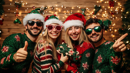 A group of friends in matching holiday outfits posing in front of a photo booth with festive props 