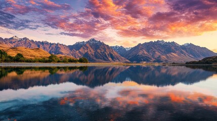 A breathtaking scene of a serene lake reflecting towering mountains and a colorful sky, showing the beauty of nature.