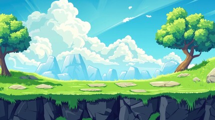 Cartoon Landscape with a Cliff Edge Overlooking Mountains and Grassy Hills