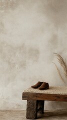 Obraz premium Brown Shoes Resting On Rustic Wooden Bench Against Textured Wall