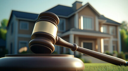 Judge gavel resting on grass in front of residential home during foreclosure auction