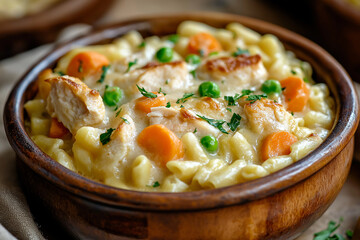 Creamy chicken pot pie filling casserole with carrots and peas in a wooden bowl