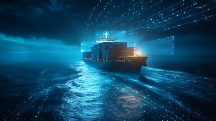 A futuristic cargo ship navigating through digital waves at sea.