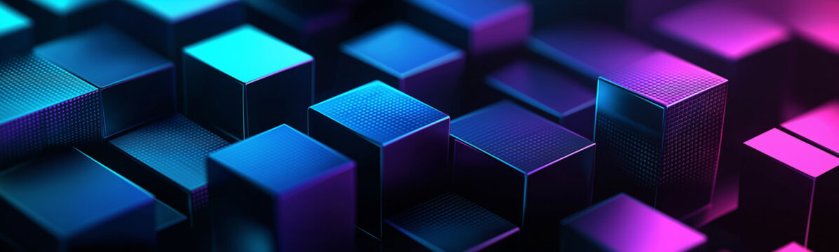 Fototapeta Abstract cubes forming a futuristic technological landscape in neon lights