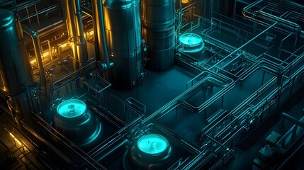 A futuristic industrial scene with a lot of pipes and tanks. The image has a futuristic and industrial feel to it