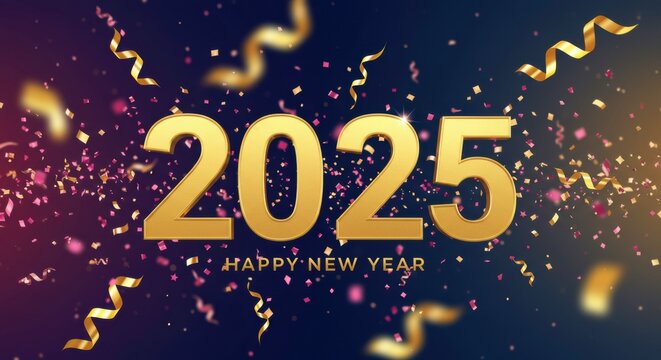 New Year 2025:  A festive celebration of the new year with golden confetti and ribbons flying around the number 2025.  It evokes a sense of hope and optimism for the year to come.  