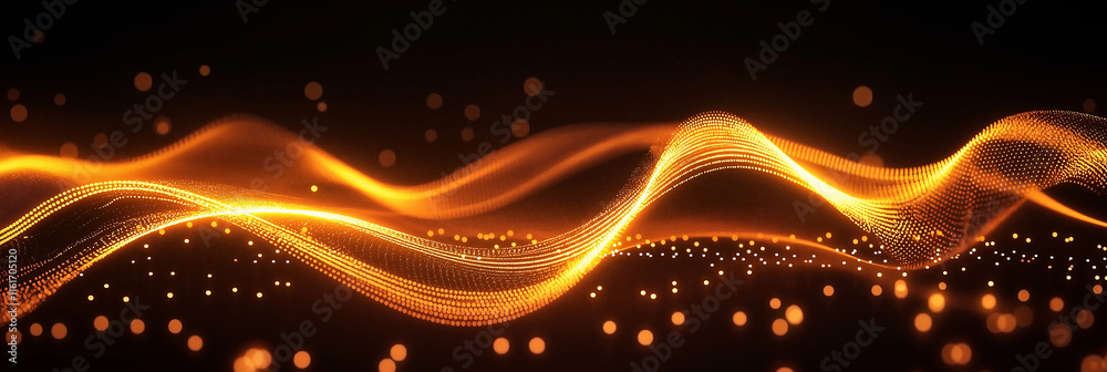 Poster golden particles flowing and forming abstract wave on black background