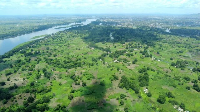 Aerial view of Juba, South Sudan with the White Nile River in the background.