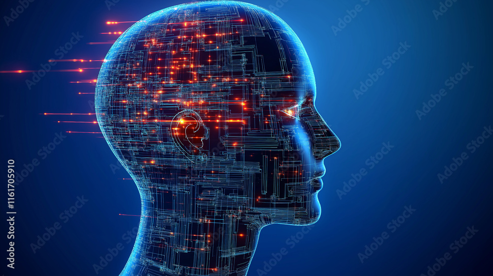 Poster Artificial intelligence processing data in human-like head structure