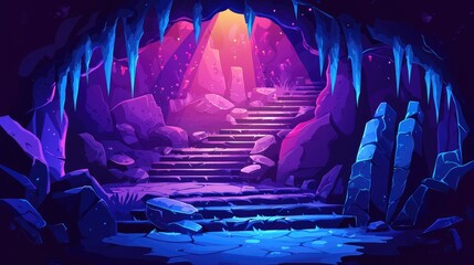 Glowing Stone Steps Leading into a Cave with Icicles