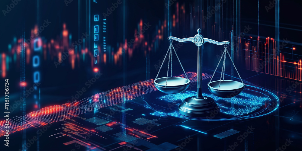 Poster balancing scales symbolizing justice in digital courtroom setting with futuristic interface