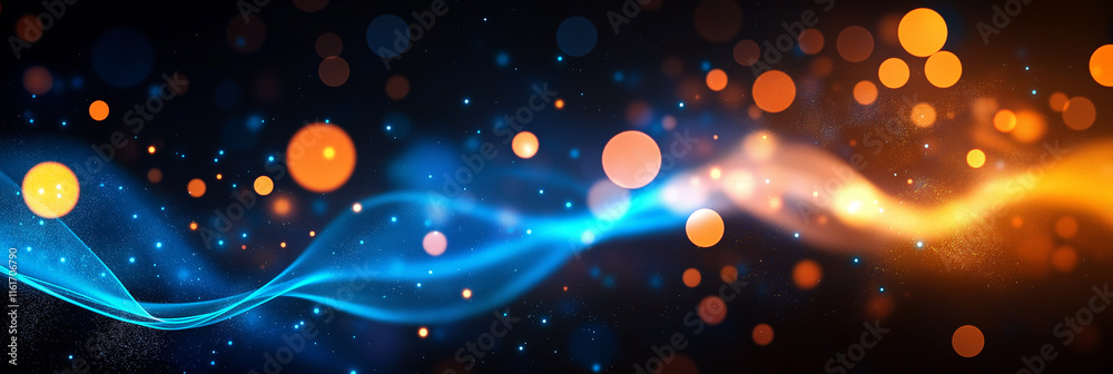 Poster abstract blue and orange waves flowing through space with bokeh lights