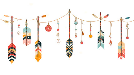 Colorful boho arrows with tribal patterns hanging on string, creating vibrant and artistic display