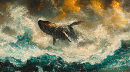 Fototapeta premium Majestic Whale Breaching Ocean Waves Amidst Dramatic Sky, Sea Wildlife Art, Nature Power, Marine Mammal, Oceanic Beauty, Stunning Seascape Painting, Whale Watch
