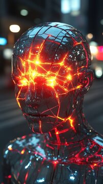 Futuristic AI Robot with Glowing Circuitry in Urban Night Scene | Sci-Fi Tech Innovation, Cybernetic Design, Artificial Intelligence, Digital Art