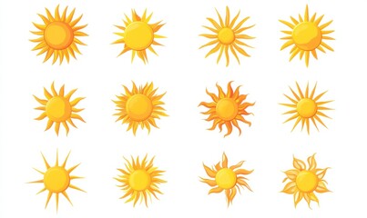 Twelve diverse sun icons, yellow and orange, varying styles.