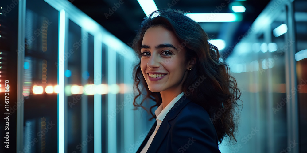 Aufkleber Technician smiling and working in data center with supercomputers, lights blinking around