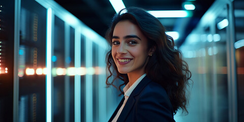 Technician smiling and working in data center with supercomputers, lights blinking around