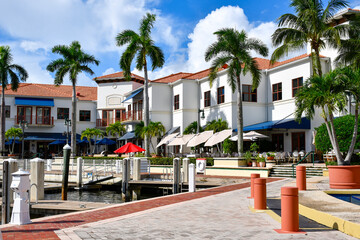 Shops and restaurants along the Riverwalk in the Marina at Jupiter, Florida in Palm Beach County  © Ryan Tishken