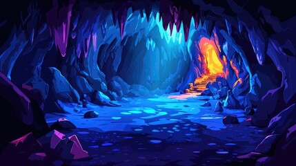 A mystical cave with glowing blue water and a yellow-lit path leading to a hidden entrance.