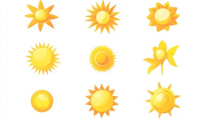 Nine yellow sun and flower icons on white.