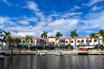 Shops and restaurants along the Riverwalk in the Marina at Jupiter, Florida in Palm Beach County	