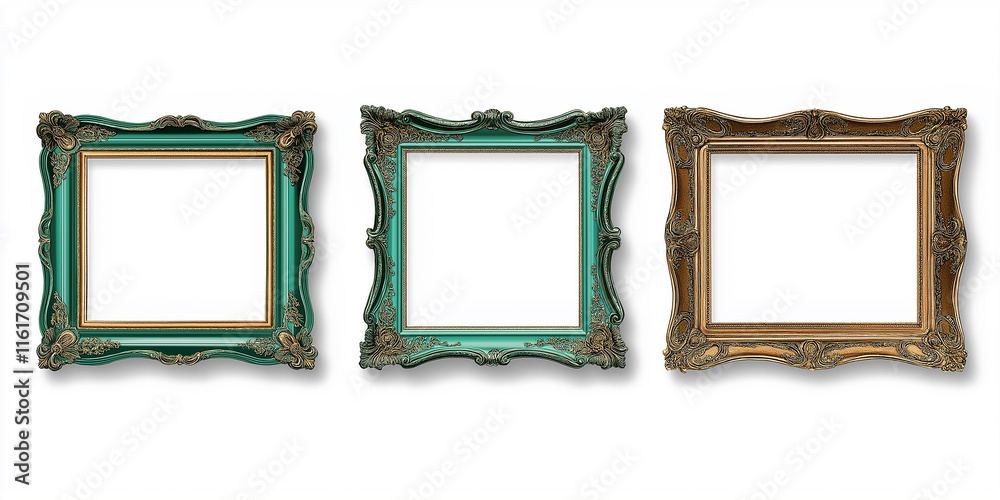 Poster Three empty baroque frames showing golden and green colors