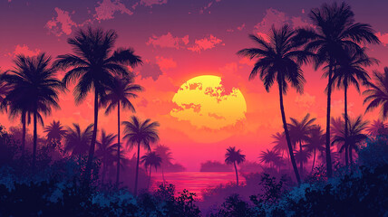 Breathtaking tropical sunset over the beach, featuring palm tree silhouettes, perfect for summer