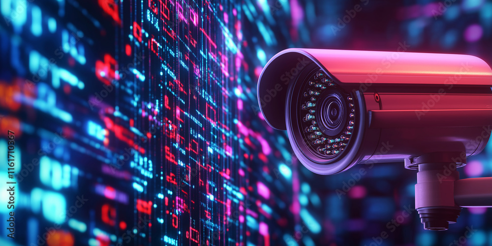 Poster Security camera monitoring binary code data stream in futuristic cyberspace