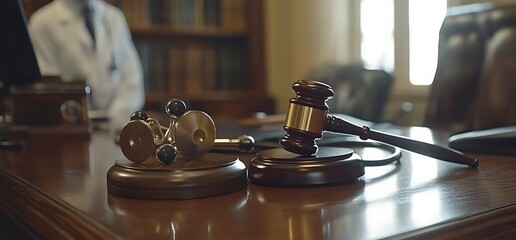 A gavel and scales of justice on a wooden desk in a legal setting.