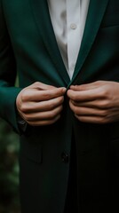 Man Fastening Emerald Green Suit Jacket Buttons